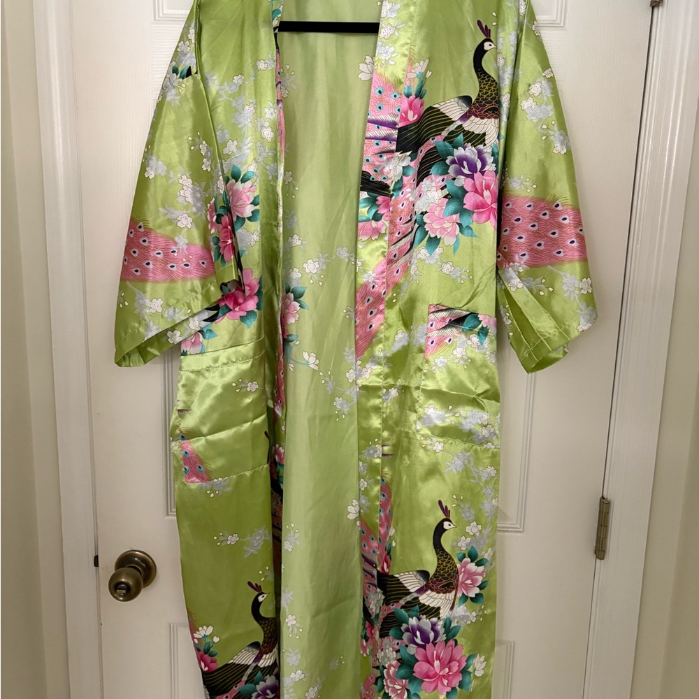Green Floral Kimono Robe with Peacock Design